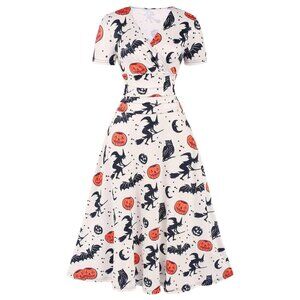 Beige 1940S Halloween Pleated V-Neck Dress